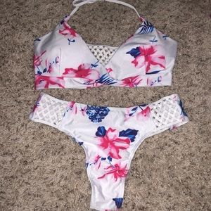 Brand New two piece white floral bikini thong